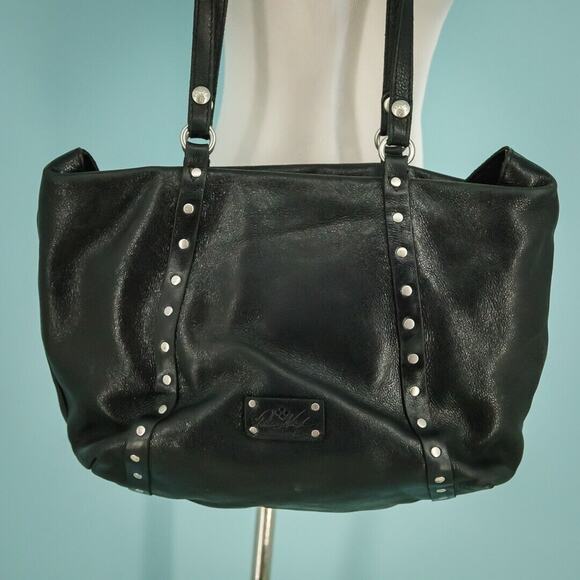 Patricia Nash Black Heritage Leather Benvenuto Studded Twist Lock Tote Bag Purse - Picture 2 of 10